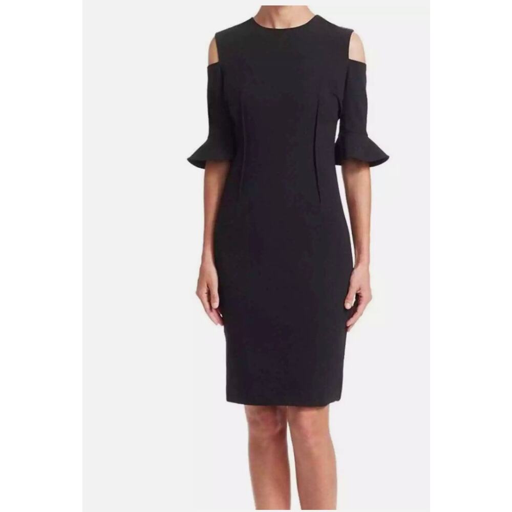 Teri Jon by Rickie Freeman Little Black Dress Ruffle Cold Shoulder Sheath‎ Sz 2